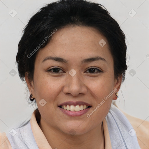 Joyful asian young-adult female with short  brown hair and brown eyes