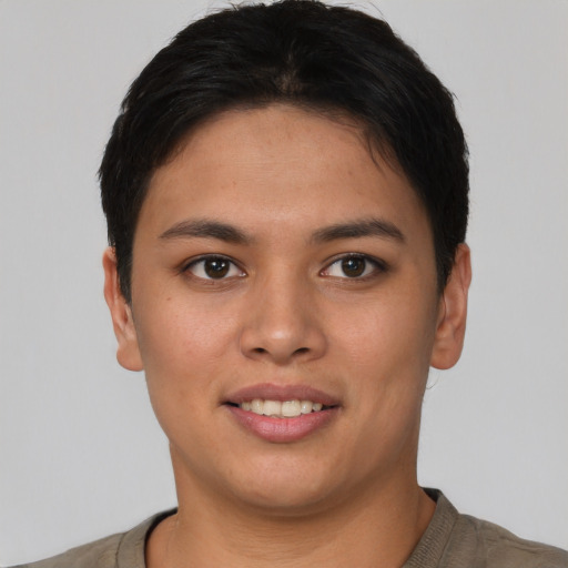 Joyful asian young-adult female with short  brown hair and brown eyes