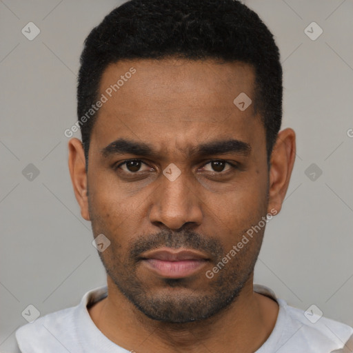 Neutral latino young-adult male with short  black hair and brown eyes