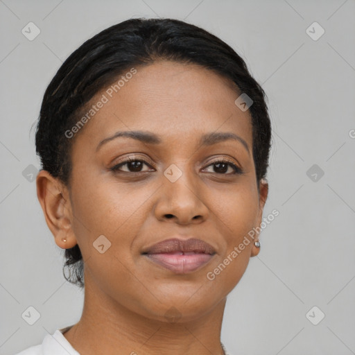 Joyful asian young-adult female with short  brown hair and brown eyes