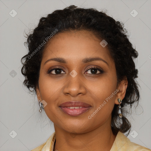 Joyful black young-adult female with medium  brown hair and brown eyes