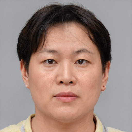 Neutral asian adult female with short  brown hair and brown eyes