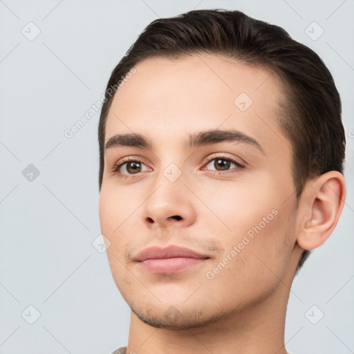 Neutral white young-adult male with short  brown hair and brown eyes