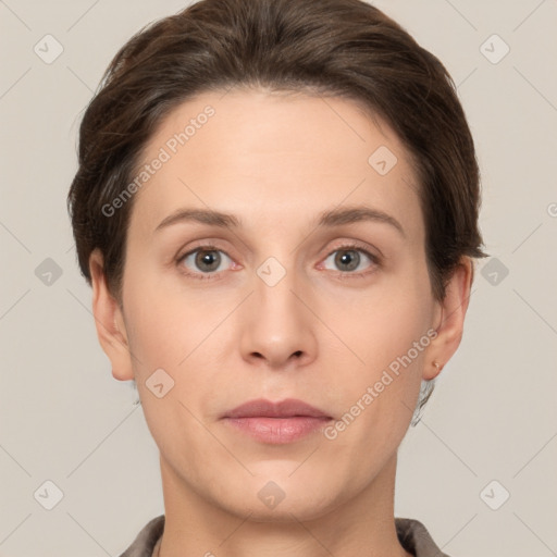 Neutral white young-adult female with short  brown hair and brown eyes