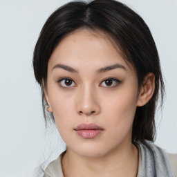 Neutral asian young-adult female with long  brown hair and brown eyes