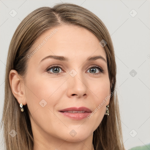 Joyful white young-adult female with long  brown hair and grey eyes