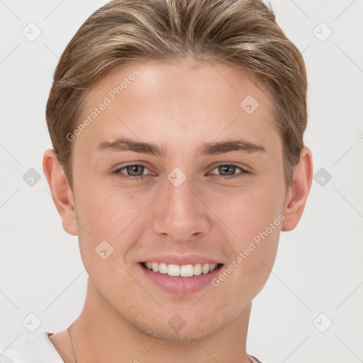 Joyful white young-adult female with short  brown hair and grey eyes