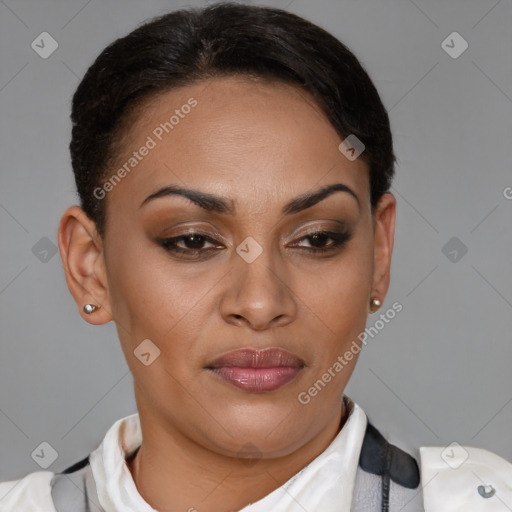 Joyful latino young-adult female with short  brown hair and brown eyes