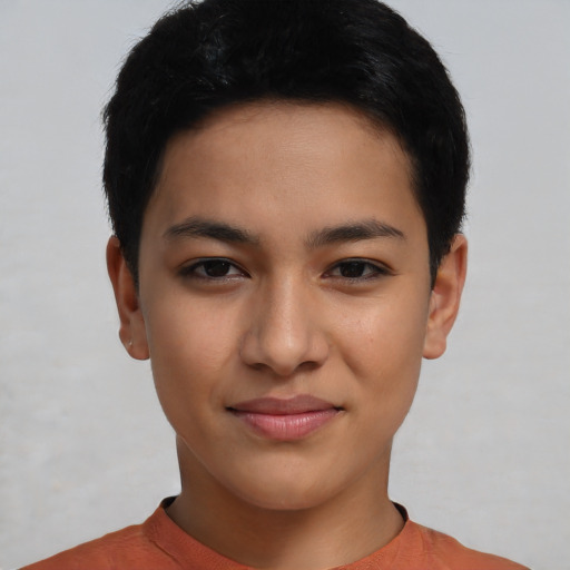 Joyful latino young-adult female with short  black hair and brown eyes