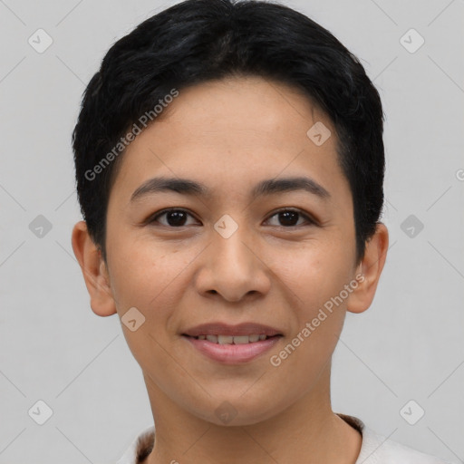 Joyful asian young-adult female with short  black hair and brown eyes