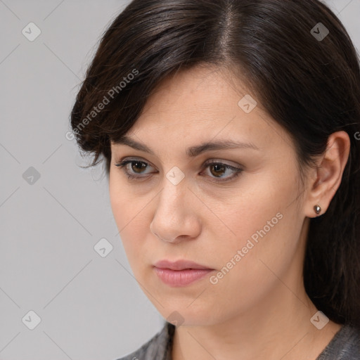 Neutral white young-adult female with medium  brown hair and brown eyes