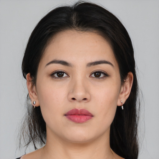 Neutral asian young-adult female with long  brown hair and brown eyes