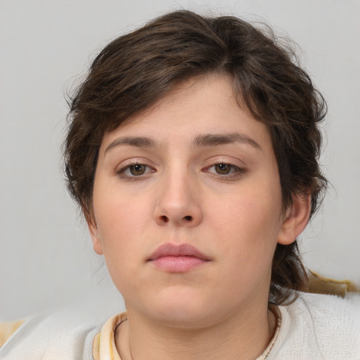 Neutral white young-adult female with medium  brown hair and brown eyes