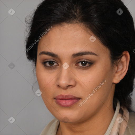 Joyful latino young-adult female with long  brown hair and brown eyes