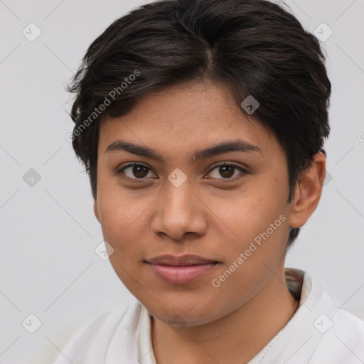 Joyful latino young-adult female with short  brown hair and brown eyes