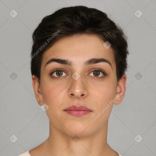 Neutral white young-adult female with short  brown hair and brown eyes