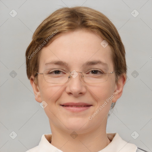 Joyful white adult female with short  brown hair and brown eyes