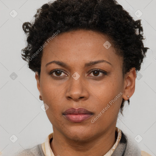 Neutral latino adult female with short  black hair and brown eyes