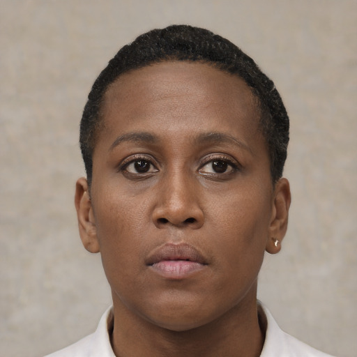 Neutral black young-adult female with short  brown hair and brown eyes