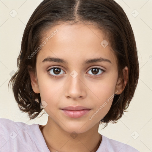 Joyful white child female with medium  brown hair and brown eyes