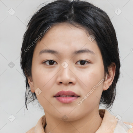 Neutral asian young-adult female with medium  brown hair and brown eyes