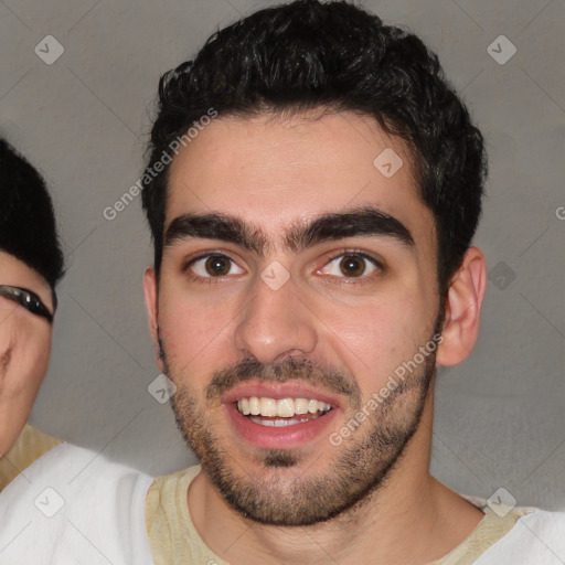 Joyful white young-adult male with short  black hair and brown eyes