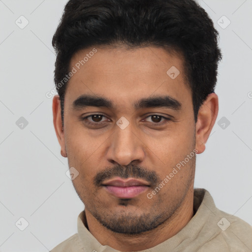 Neutral latino young-adult male with short  black hair and brown eyes