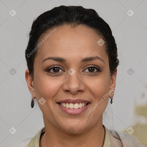 Joyful latino young-adult female with short  brown hair and brown eyes