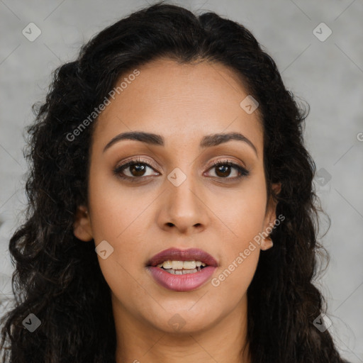 Joyful latino young-adult female with long  brown hair and brown eyes