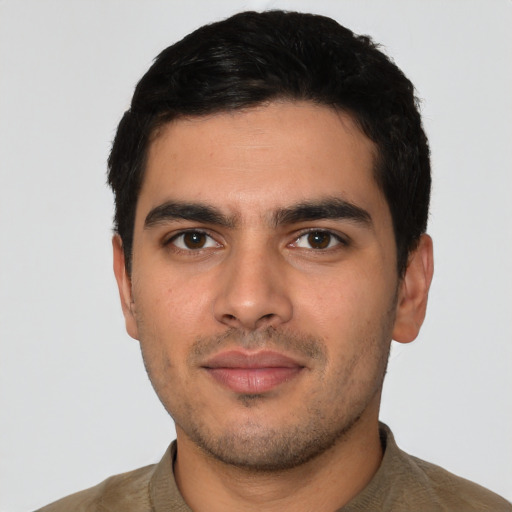 Neutral latino young-adult male with short  black hair and brown eyes