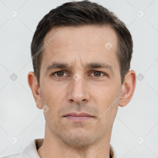 Neutral white adult male with short  brown hair and brown eyes