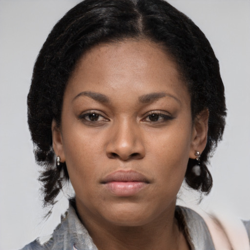 Neutral black young-adult female with medium  brown hair and brown eyes