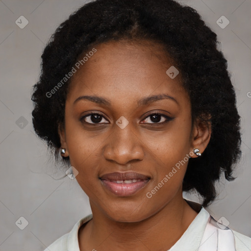 Joyful black young-adult female with medium  black hair and brown eyes