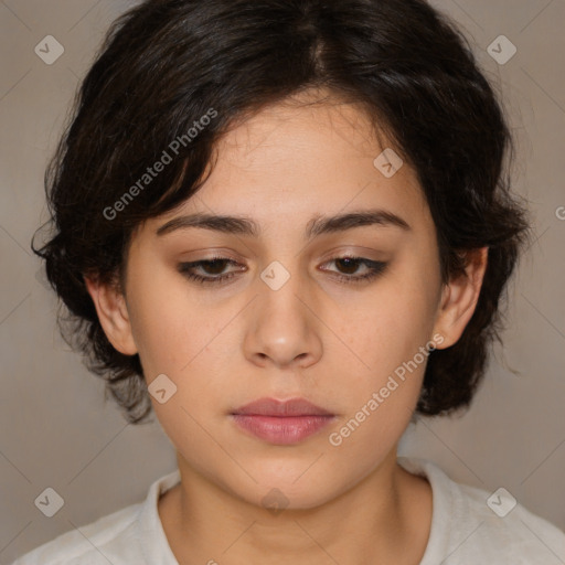 Neutral white young-adult female with medium  brown hair and brown eyes