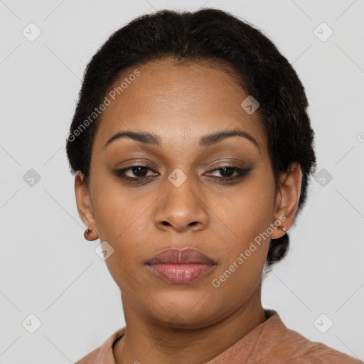 Neutral black young-adult female with short  black hair and brown eyes