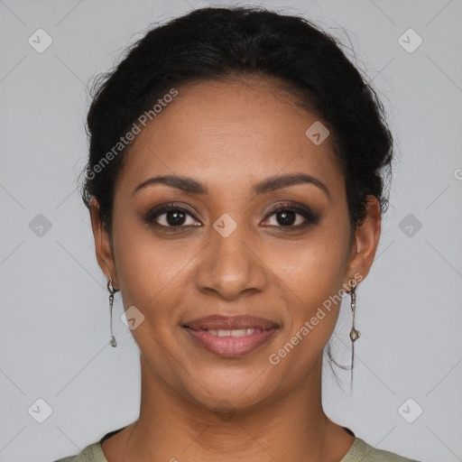 Joyful latino young-adult female with short  black hair and brown eyes