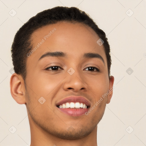 Joyful latino young-adult male with short  brown hair and brown eyes