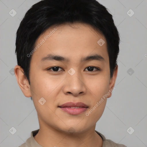 Joyful asian young-adult male with short  black hair and brown eyes