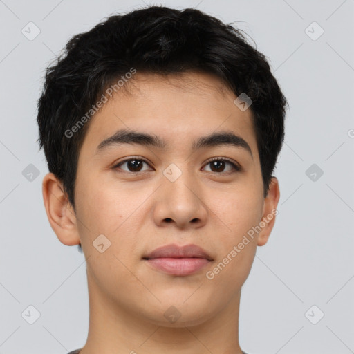 Joyful latino young-adult male with short  brown hair and brown eyes