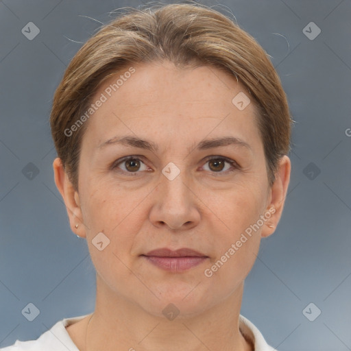 Joyful white adult female with short  brown hair and brown eyes