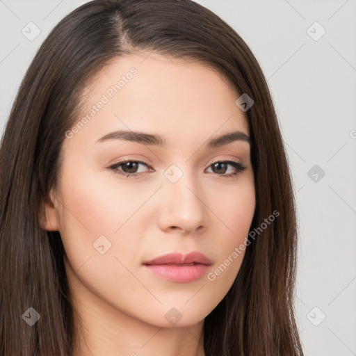 Neutral white young-adult female with long  brown hair and brown eyes