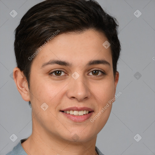 Joyful white young-adult female with short  brown hair and brown eyes