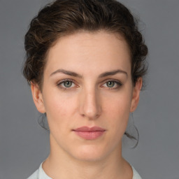 Neutral white young-adult female with short  brown hair and brown eyes