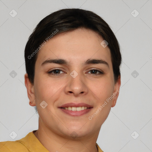 Joyful white young-adult female with short  brown hair and brown eyes