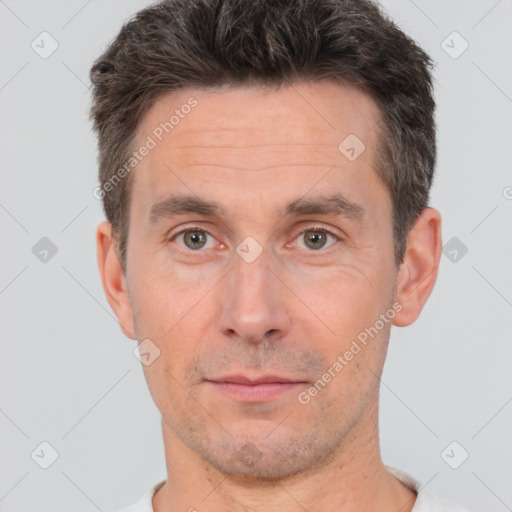 Neutral white adult male with short  brown hair and brown eyes