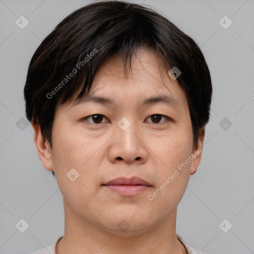 Neutral asian young-adult male with short  brown hair and brown eyes