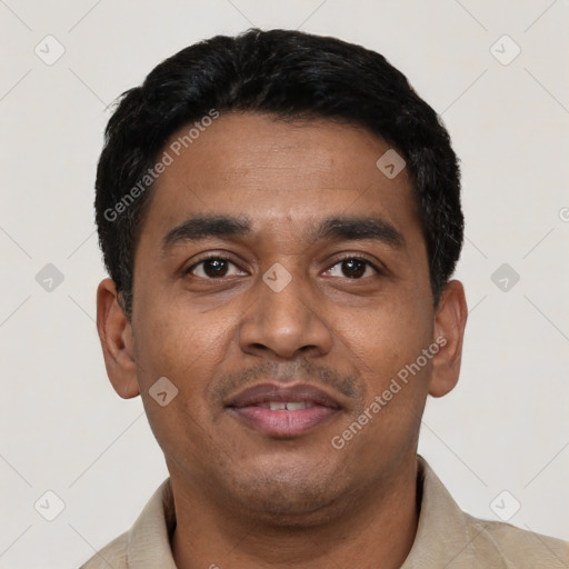 Joyful latino young-adult male with short  black hair and brown eyes