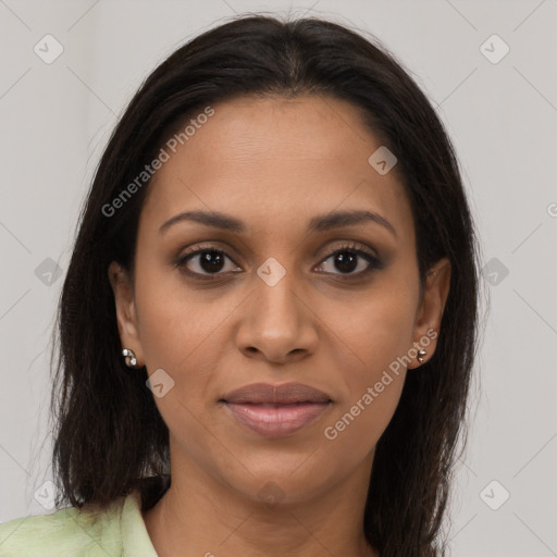 Joyful latino young-adult female with medium  brown hair and brown eyes