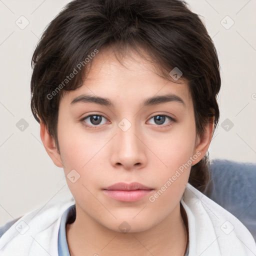 Neutral white young-adult female with short  brown hair and brown eyes