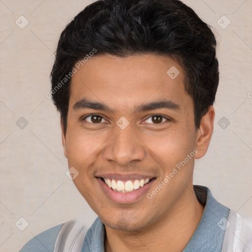 Joyful white young-adult male with short  black hair and brown eyes